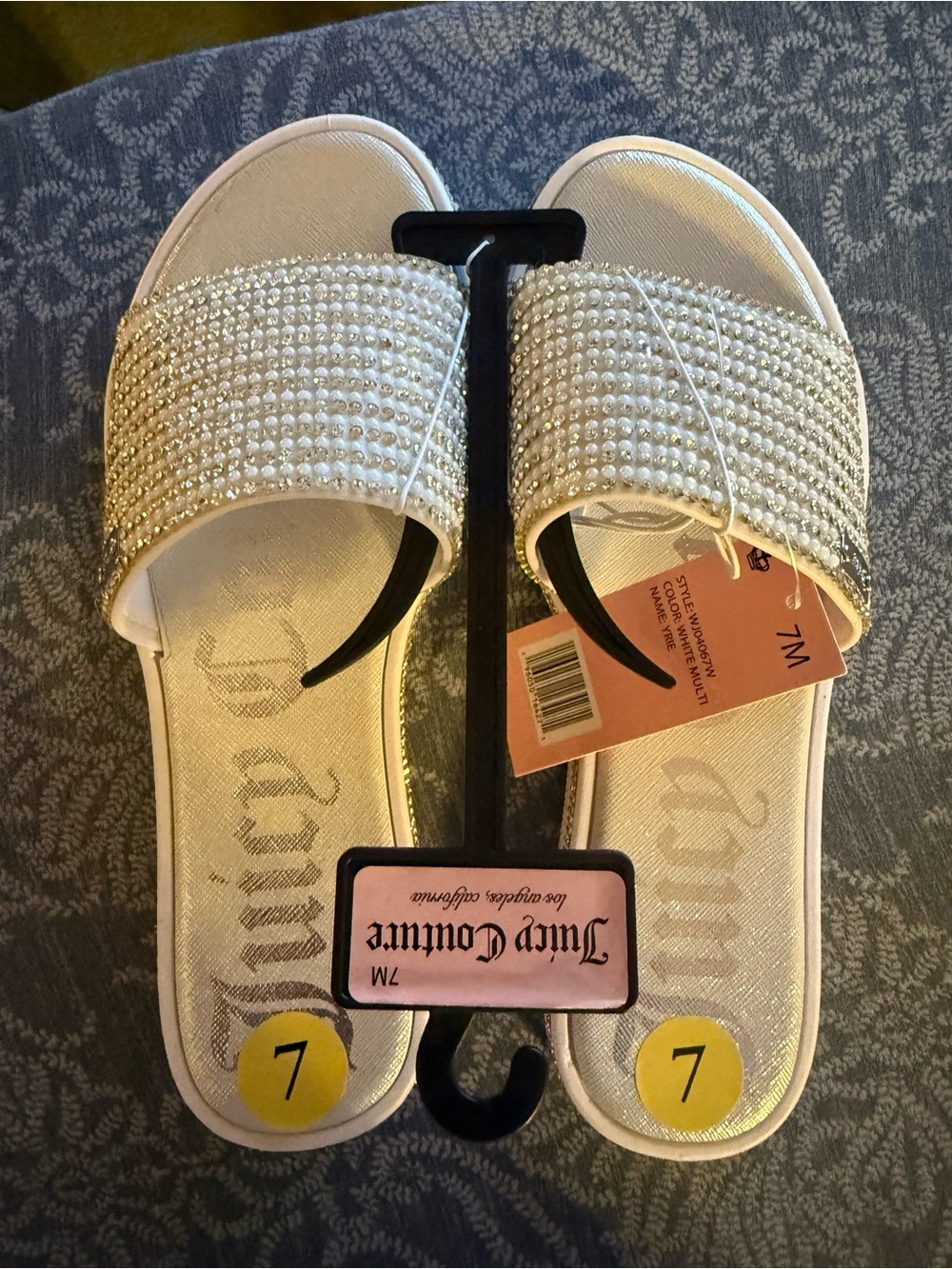 Juicy Couture Women's Pearl-Embellished White Slide Sandals, BRAND NEW